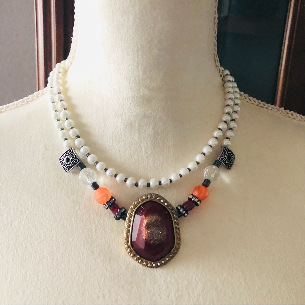 Handcrafted beaded Czech glass Pearl genuine ruby gemstone clasp necklace